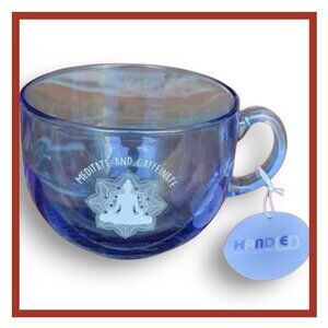 ICUP "Meditate and Caffinate" Large Clear Glass Blue Mug Size 22oz